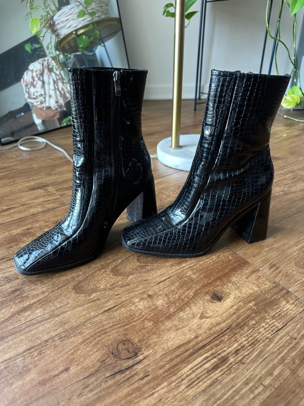 Black Croc-Embossed Block Heel Ankle Boots - Women